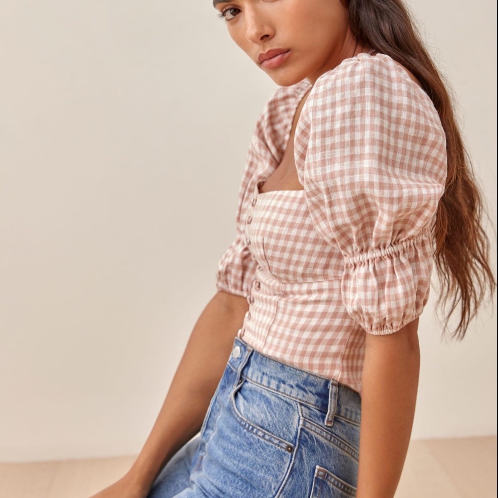 Reformation Norton Gingham-Check Linen Blouse Pink size 2
